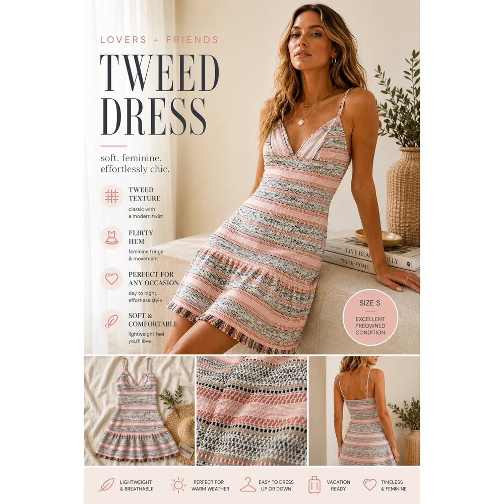 Lovers + Friends Heidi Tweed Mini Dress Fringe Hem Pink Cream Small